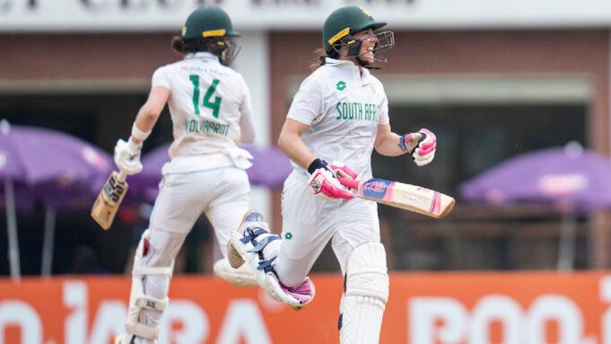 Sune Luus celebrating her hundred against India after South Africa were asked to follow-on on Day 3. (Sportzpics)