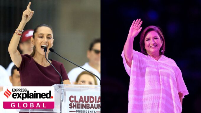 Mexico's opposition presidential candidate Xochitl Galvez (right) and the ruling MORENA party's candidate Claudia Sheinbaum during campaigning. (REUTERS/Quetzalli Nicte-Ha, Raquel Cunha)