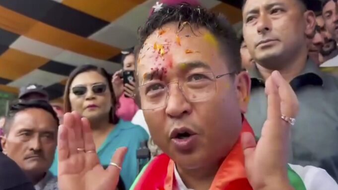 Sikkim Chief Minister and Sikkim Krantikari Morcha chief Prem Singh Tamang speaks with the media after his party's victory in the Assembly elections. (PTI)