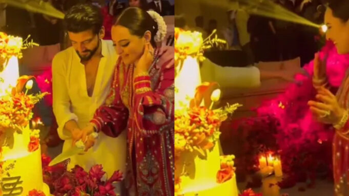 Sonakshi Sinha and Zaheer Iqbal groove to "Tere Mast Mast Do Nain" and cut a four-tier wedding cake (Photo: Screengrab from Instagram video)