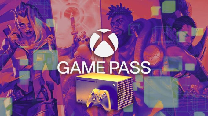 Xbox Game Pass logo with an Xbox Series X and game covers around it