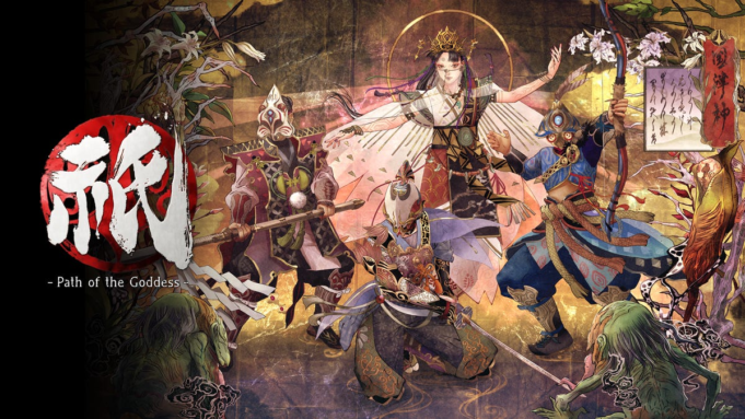 An artistic painting of the game&apos;s characters -- maiden priestess Yoshiro, warrior Soh, and villagers -- along with a logo of the game.