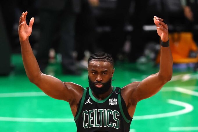 BOSTON, MASSACHUSETTS - JUNE 09: Jaylen Brown #7 of the Boston Celtics celebrates during the final minute of Game Two of the 2024 NBA Finals against the Dallas Mavericks at TD Garden on June 09, 2024 in Boston, Massachusetts. NOTE TO USER: User expressly acknowledges and agrees that, by downloading and or using this photograph, User is consenting to the terms and conditions of the Getty Images License Agreement.