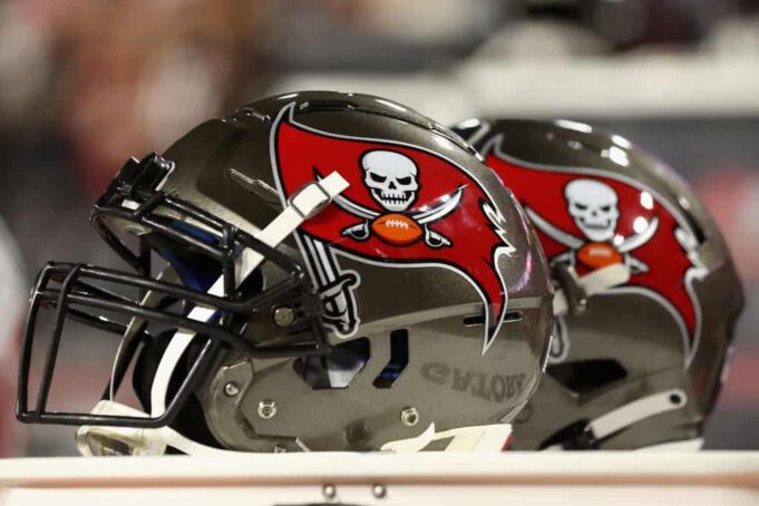 Detail of Tampa Bay Buccaneers helmets during the NFL game at State Farm Stadium on December 25, 2022 in Glendale, Arizona. The Buccaneers defeated the Cardinals 19-16 in overtime.