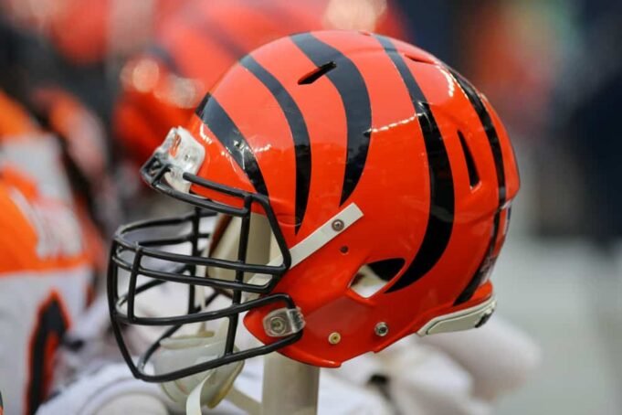 A Cincinnati Bengals helmet on the sideline during the fourth quarter of the National Football League game between the Cincinnati Bengals and Cleveland Browns on December 8, 2019, at FirstEnergy Stadium in Cleveland, OH.