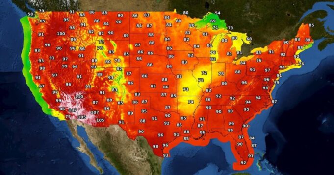 মানচিত্র মার্কিন যুক্তরাষ্ট্রের উষ্ণতম এলাকায় রেকর্ড তাপমাত্রা দেখায়

