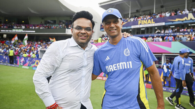 India's Head Coach Rahul Dravid with BCCI Secretary Jay Shah during celebration after India defeated South Africa in the ICC Men's T20 World Cup final cricket match, at Kensington Oval, in Bridgetown, Barbados