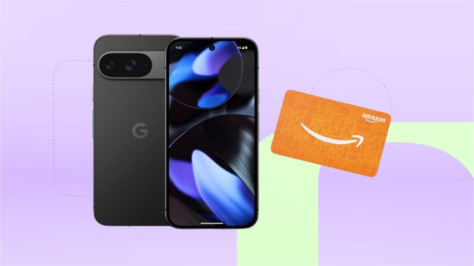 Right: Black Google Pixel 9 phone, left: orange Amazon gift card. Background: lavender with curve on lower right corner.