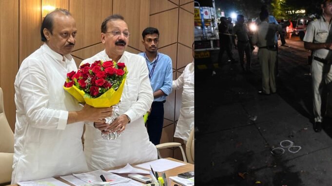 NCP Leader Baba Siddique Shot Dead: Former Maharashtra minister Baba Siddique with Ajit Pawar in August; A view of the spot where he was shot dead in Bandra East. (X/BabaSiddque/Express photo)